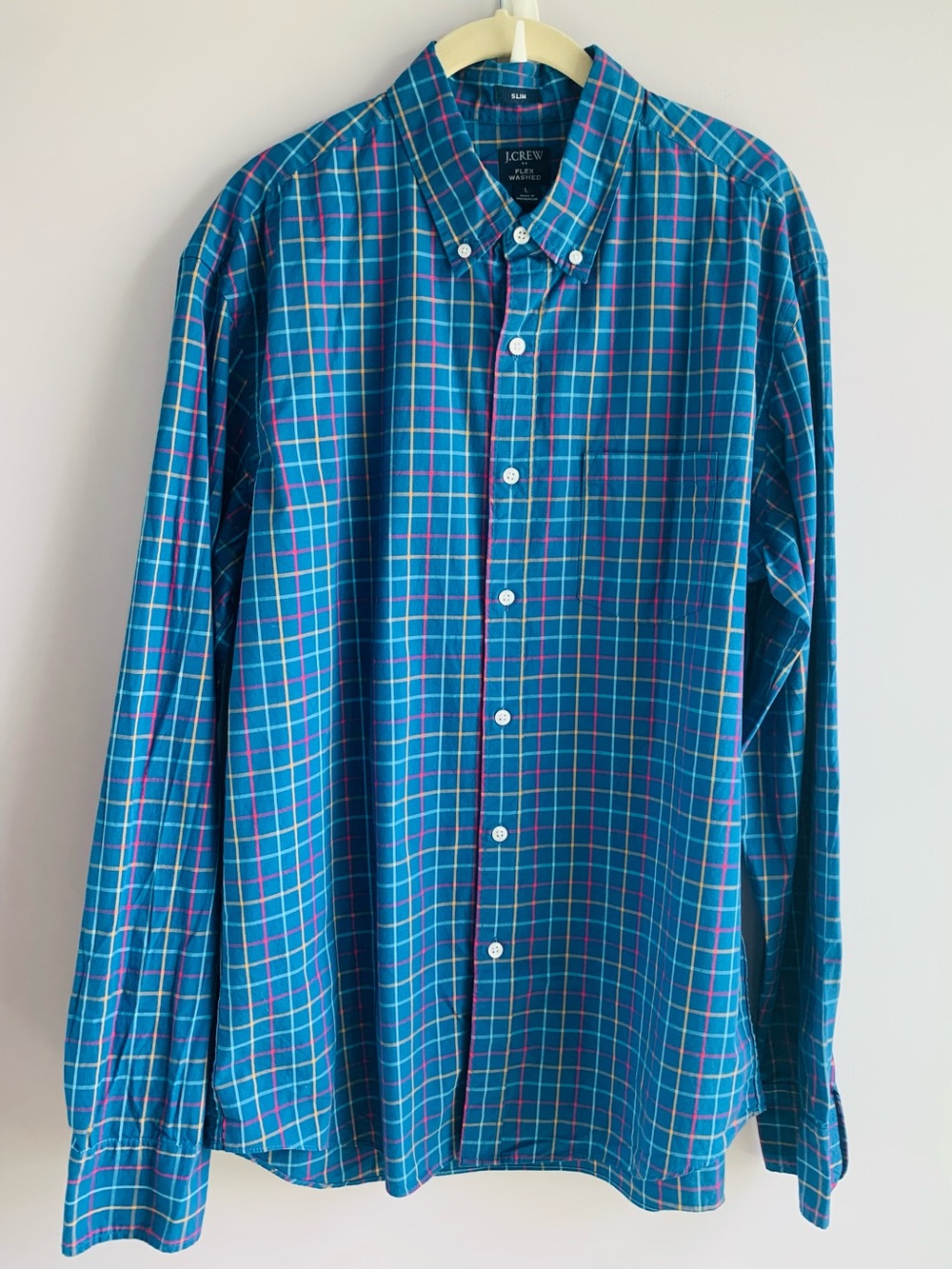 J. Crew Button Down Shirt Teal Aqua Check Plaid Cotton Office Casual EUC Slim L